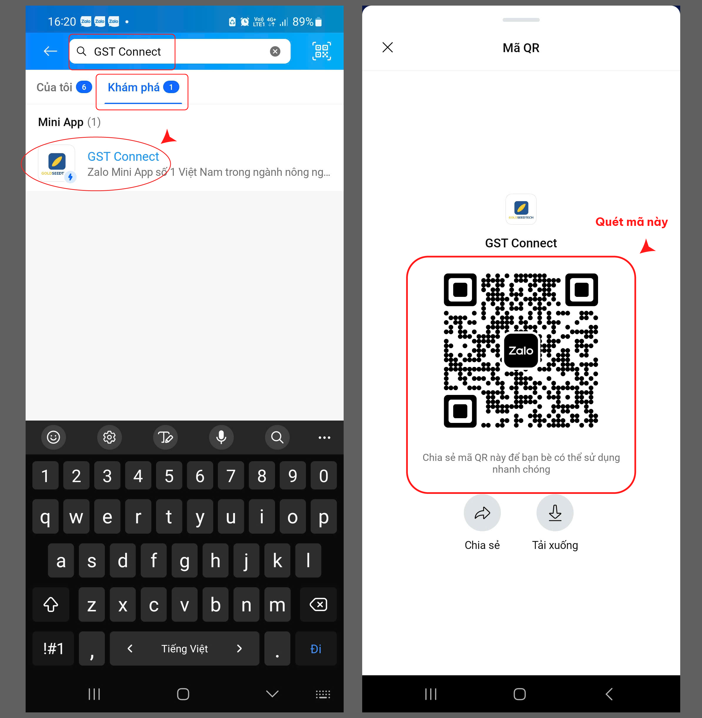 Tìm kiếm Zalo Mini App GST Connect trên ứng dụng Zalo