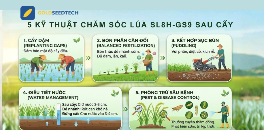 5 Kỹ thuật chăm sóc lúa SL8H-GS9 sau cấy hiệu quả, đẻ nhánh khỏe